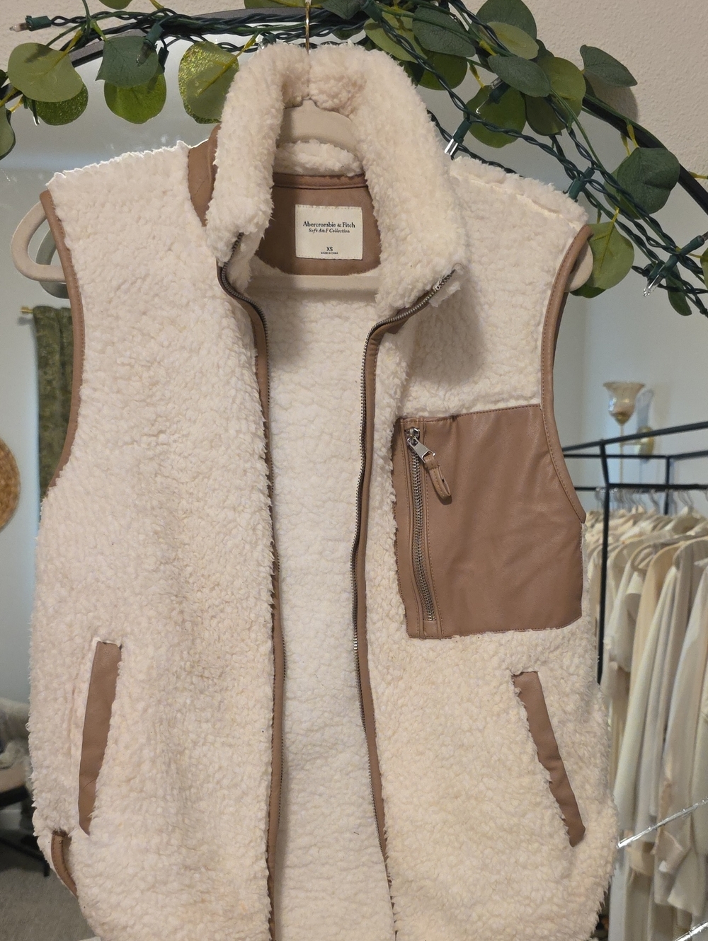 Abercrombie & Fitch Cream Sherpa Vest with Taupe Trim